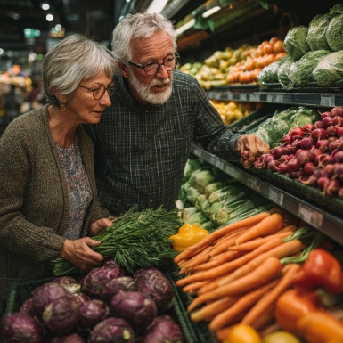 Літня пара готує здорову їжу разом на кухні