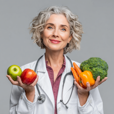 Літня жінка обирає свіжі овочі та фрукти